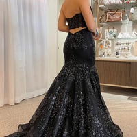 Cute Sweetheart Black Sequins Lace Mermaid Prom Dresses with Sleeves,PD231125 - Thumbnail 1