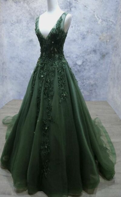 Dark Green Ball Gown Appliques Lace Prom Dress Evening Gowns