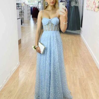 Blue a line sequins prom dress evening gowns - Thumbnail 3