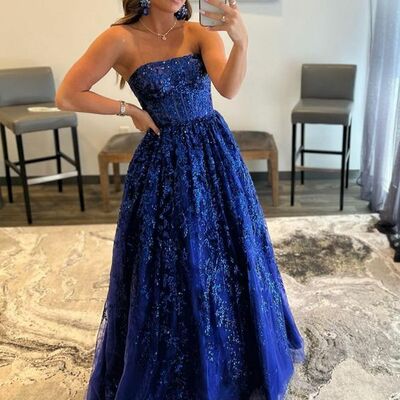 Royal blue ball gown tulle appliques prom dress evening gowns - Thumbnail 3