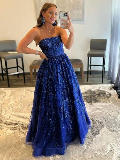 Royal Blue Ball Gown Tulle Appliques Prom Dress Evening Gowns