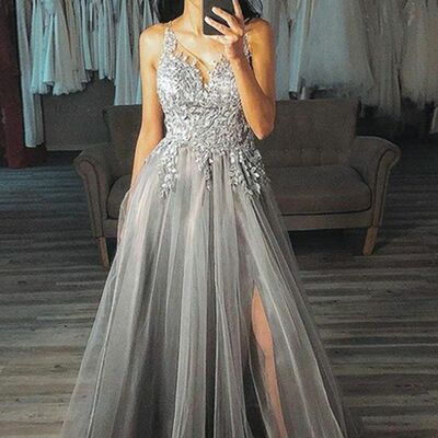 Grey aline tulle lace appliques prom dress evening gowns - Thumbnail 5