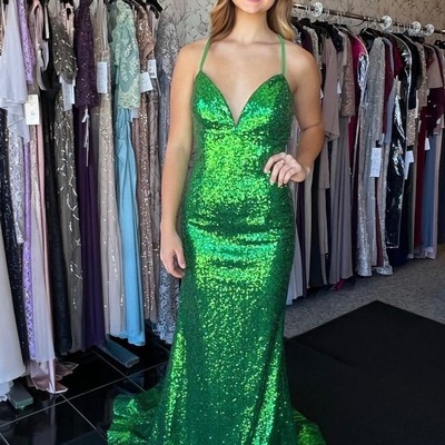 Sparkly v neck green sequins long mermaid prom dresses ,pd231128