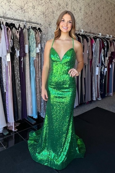 Sparkly V Neck Green Sequins Long Mermaid Prom Dresses ,PD231128