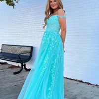 Charming Off the Shoulder Teal Tulle A Line Prom Dresses with Appliques,PD231129 - Thumbnail 1