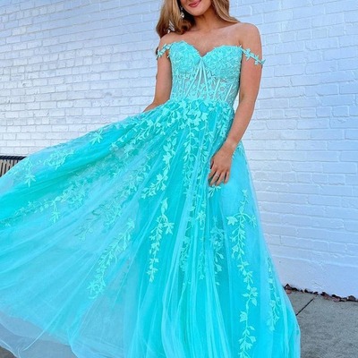Charming off the shoulder teal tulle a line prom dresses with appliques,pd231129