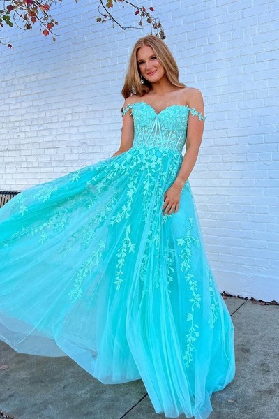Charming Off the Shoulder Teal Tulle A Line Prom Dresses with Appliques,PD231129