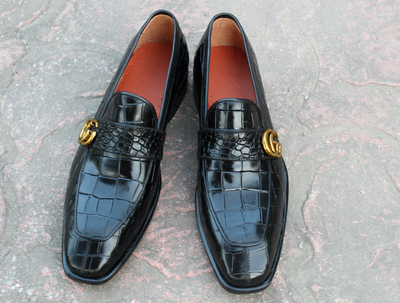 Handmade Black Crocodile/Alligator Loafers Dress Shoes