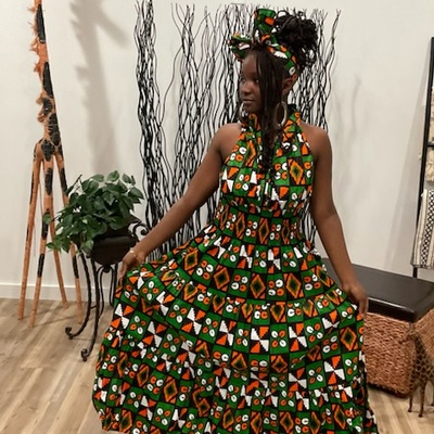  orange & green racerback dress w/ headwrap