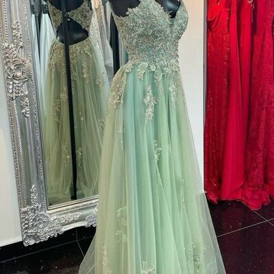Mint green a line tulle lace appliques prom dress evening gowns - Thumbnail 5