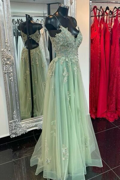 Mint Green A Line Tulle Lace Appliques Prom Dress Evening Gowns