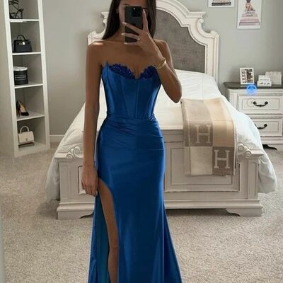 Royal blue sheath side slit prom dress evening gowns - Thumbnail 3