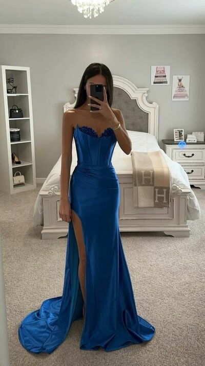 Royal Blue Sheath Side Slit Prom Dress Evening Gowns