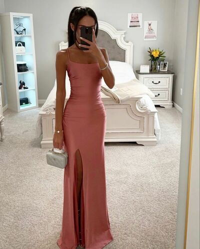 Orange Sheath Side Slit Prom Dress Evening Gowns