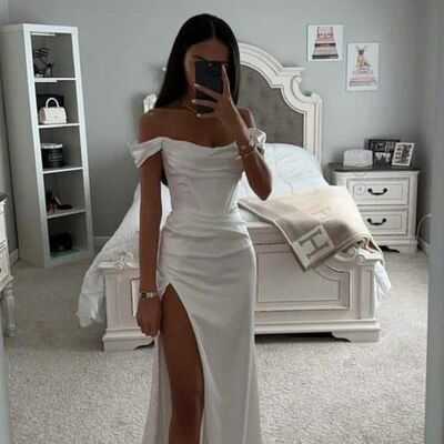 White sheath side slit prom dress evening gowns - Thumbnail 4