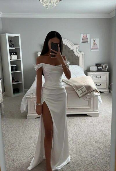 White Sheath Side Slit Prom Dress Evening Gowns