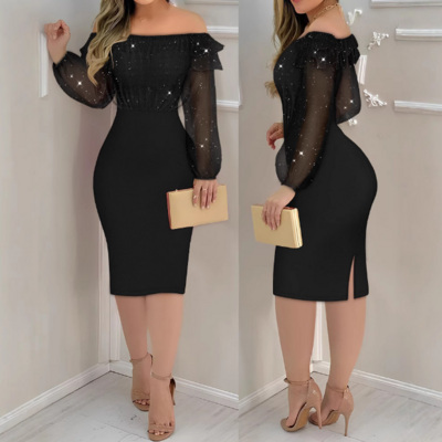 Mesh gauze splicing one shoulder tight dress