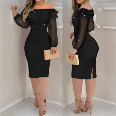 Mesh Gauze Splicing One Shoulder Tight Dress