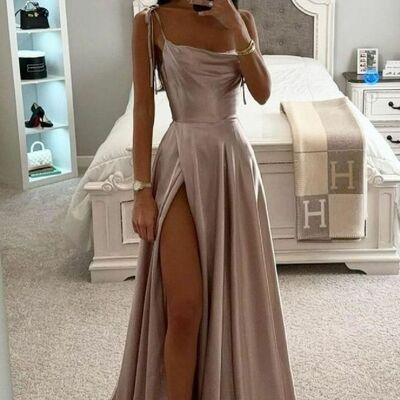 Champagne a line side slit prom dress evening gowns - Thumbnail 4