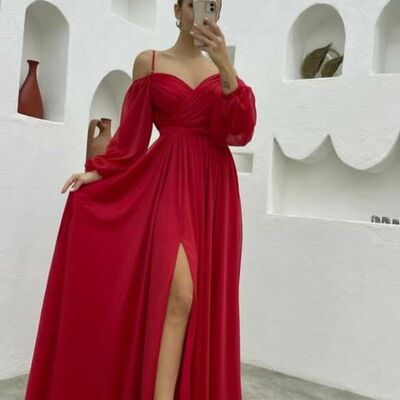 Red a line prom dress evening gowns - Thumbnail 4