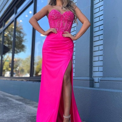 Charming sweetheart hot pink satin mermaid prom dresses with slit ,pd231132