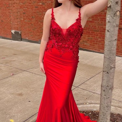 Charming v neck red mermaid prom dresses with appliques ,pd231135