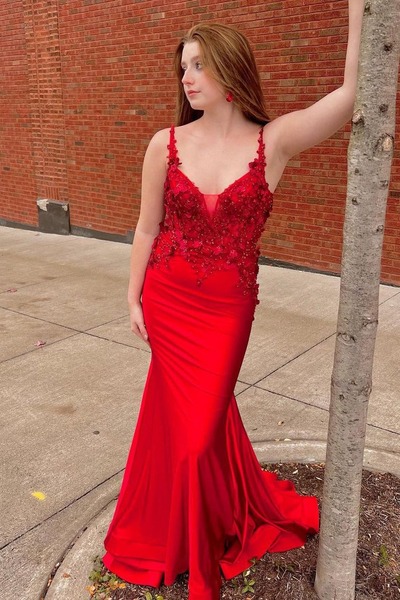 Charming V Neck Red Mermaid Prom Dresses with Appliques ,PD231135