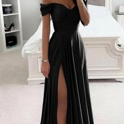 Simple a line black side slit prom dress evening gowns - Thumbnail 2