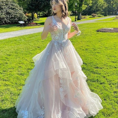 Cute v neck light pink tulle a line prom dresses with appliques,pd231136