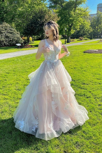 Cute V Neck Light Pink Tulle A Line Prom Dresses with Appliques,PD231136