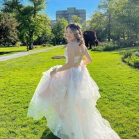 Cute V Neck Light Pink Tulle A Line Prom Dresses with Appliques,PD231136 - Thumbnail 2