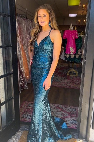 Charming V Neck Dark Teal Sequins Mermaid Prom Dresses, Evening Dresses,PD231137