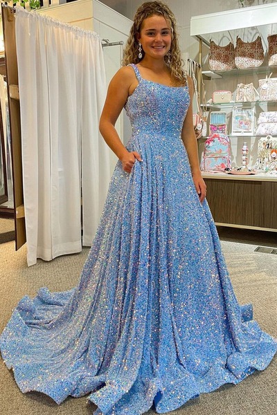 Cute Light Blue Ball Gown Velvet Sequins Prom Dresses with Pockets,PD231141