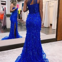 Charming One Shoulder Royal Blue Lace Mermaid Prom Dresses with Slit ,PD231142 - Thumbnail 1