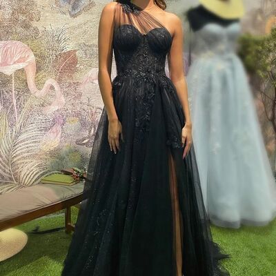 Black a line one shoulder lace prom dress evening gowns - Thumbnail 3