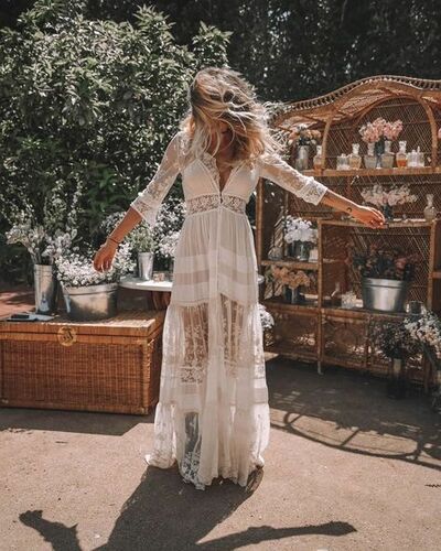 Sexy A-line Wedding Dress, Boho Lace Bridal Dress Wedding Gown