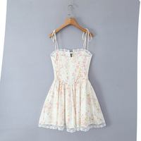Lace stitching sweet print waist tie suspender dress - Thumbnail 3