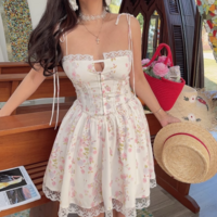 Lace stitching sweet print waist tie suspender dress - Thumbnail 2