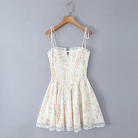 Lace stitching sweet print waist tie suspender dress - Thumbnail 4