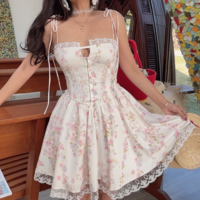 Lace stitching sweet print waist tie suspender dress - Thumbnail 1