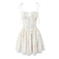 Lace stitching sweet print waist tie suspender dress - Thumbnail 5