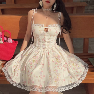 Lace stitching sweet print waist tie suspender dress - Thumbnail 5