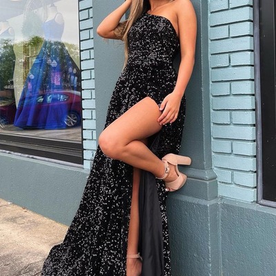Cute one shoulder black sequins a line prom dresses with slit  ,pd231145
