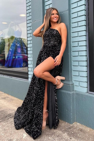 Cute One Shoulder Black Sequins A Line Prom Dresses with Slit  ,PD231145