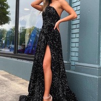 Cute One Shoulder Black Sequins A Line Prom Dresses with Slit  ,PD231145 - Thumbnail 1