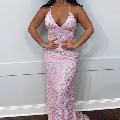 Cute sparkly v neck pink sequins mermaid  prom dresses  ,pd231146