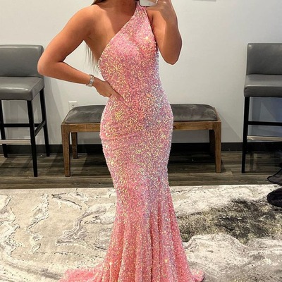 Charming sparkly one shoulder pink sequins long mermaid prom dresses ,pd231147