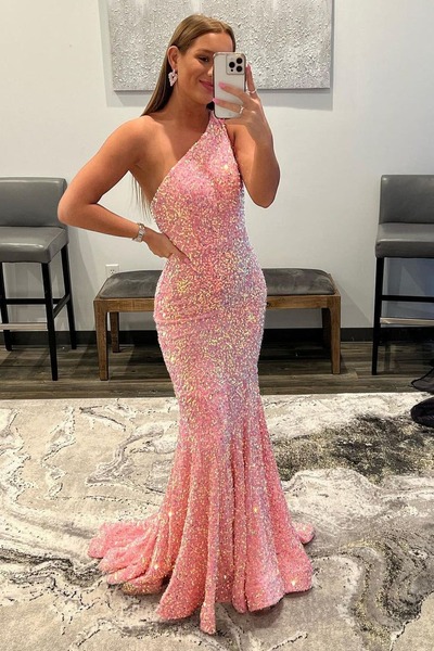 Charming Sparkly One Shoulder Pink Sequins Long Mermaid Prom Dresses ,PD231147
