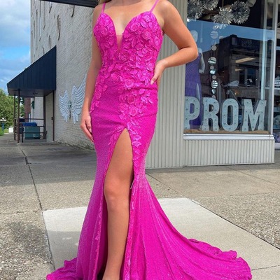 Sparkly v neck fuchsia sequins long  mermaid prom dresses with appliques,pd231148