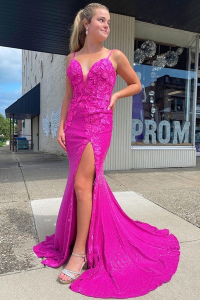 Sparkly V Neck Fuchsia Sequins Long  Mermaid Prom Dresses with Appliques,PD231148